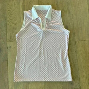 Court Haley Womens Gingham Sleeveless Polo Pink White Medium